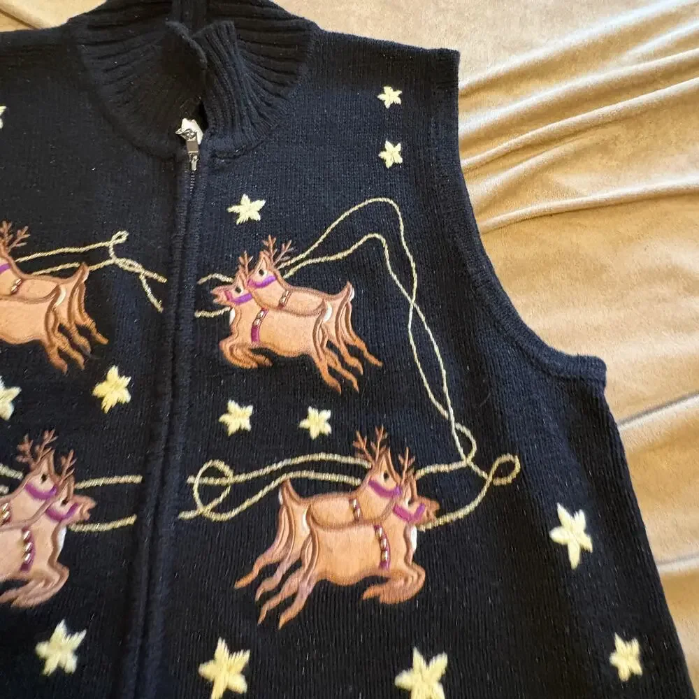 The Quacker Factory Black Embroidered Santa Christmas Reindeer Vest Ugly M